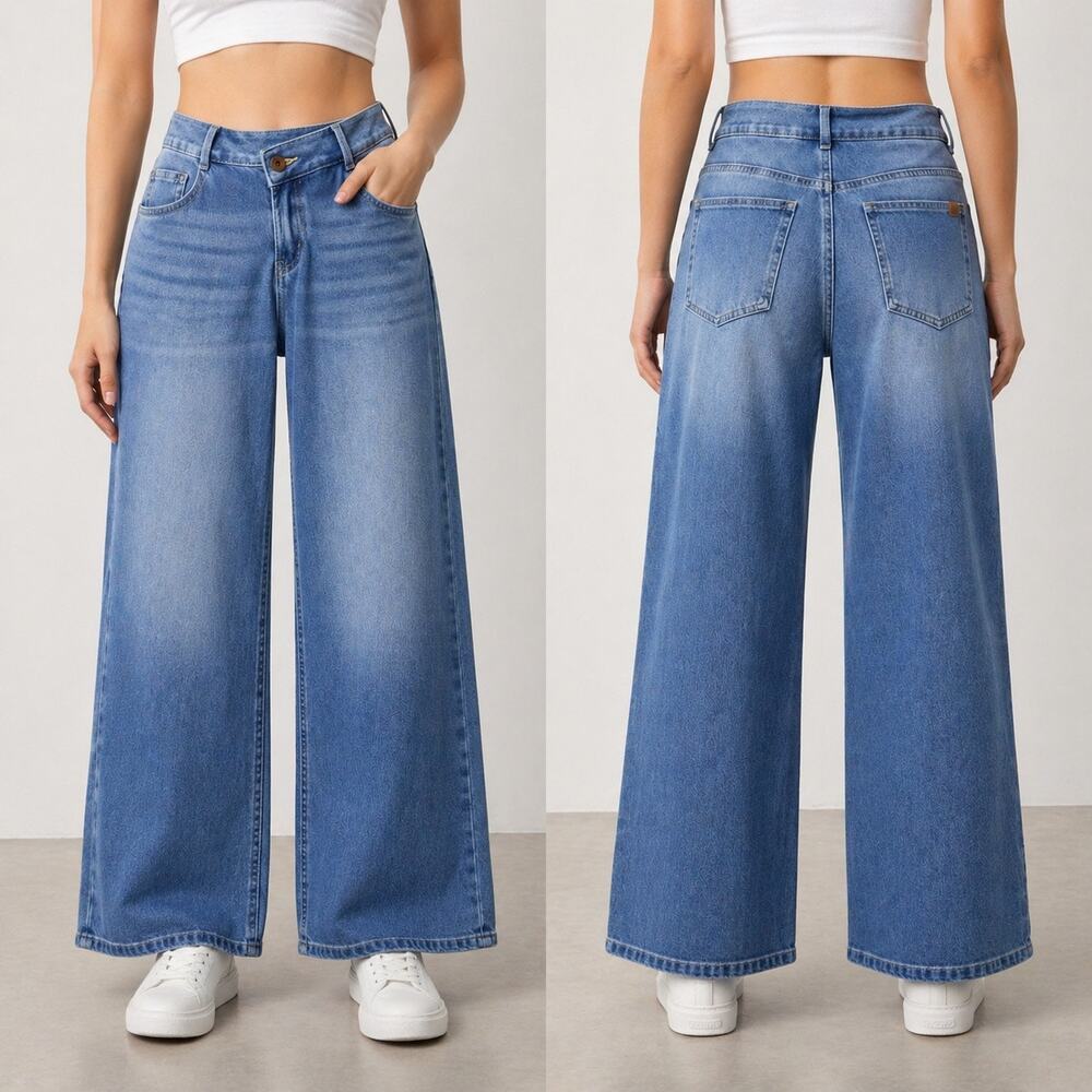 Halara Petite Wide Leg Jeans XS Blue High Rise Cropped Flare Denim NWOT